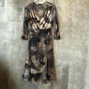 KOMAROV M Sheer Flared Dress 3/4 Sleeve Floral